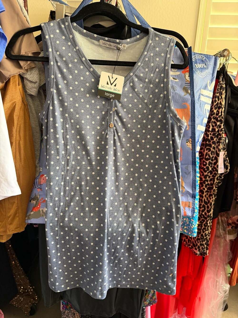Michelle Mae Blue Polka Dot Sleeveless Henley Top